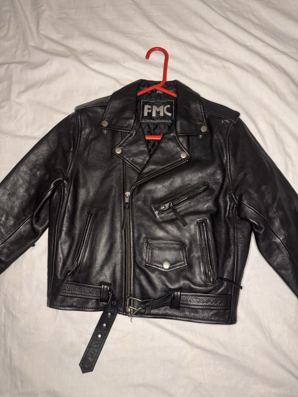 FMC Biker Leather Jacket Men's Black Size 16 Quilted Lined Motorcycle Belted